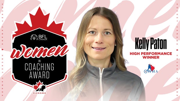 Kelly Paton with the BFL Canada Women in Coaching logo.
