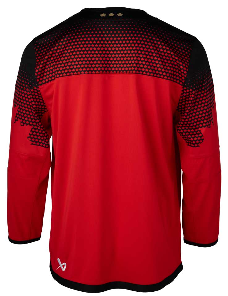 Back view of the red jersey showing Maple Leaf and collar details
