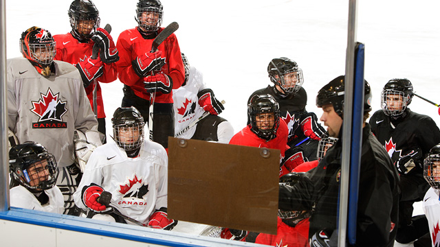 Hockey Players gathered around coach