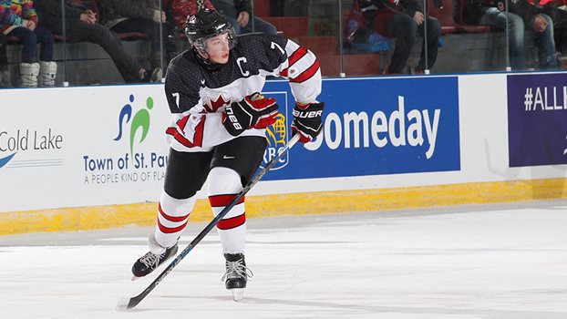 Cale Makar skates for Canada West during the 2016 World Junior A Challenge. 