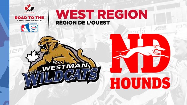 Logos for the Westman Wildcats and Notre Dame Hounds