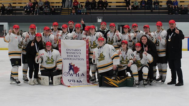 The Stoney Creek Sabres pose after winning the OWHA Provincials.