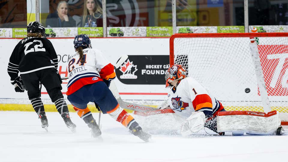 North York Storm scores on the Lloydminster Steelers
