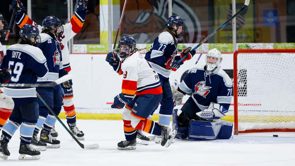The Lloydminster Steelers celebrate after a goal.