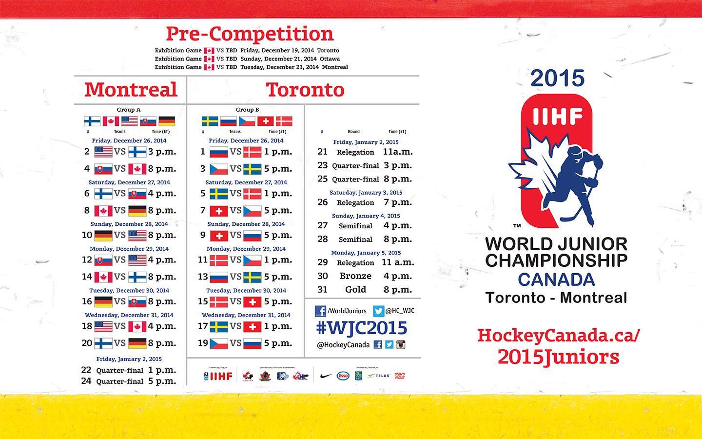 Schedule announced for 2015 IIHF World Junior Championship Hockey Canada