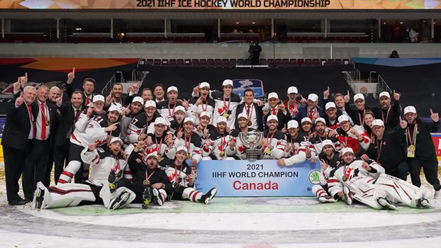 Canada’s National Men’s Team pose after winning the 2021 IIHF World Championship