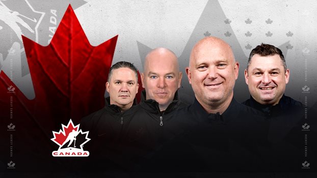 André Tourigny, D.J. Smith, Alex Tanguay and Troy Ryan beside a red Maple Leaf.