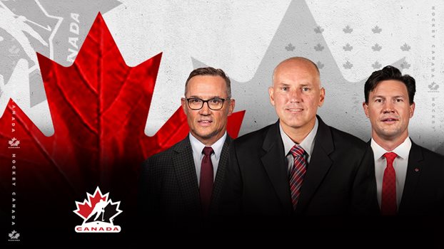 Steve Yzerman, Doug Armstrong and Shane Doan in front of a red Maple Leaf.