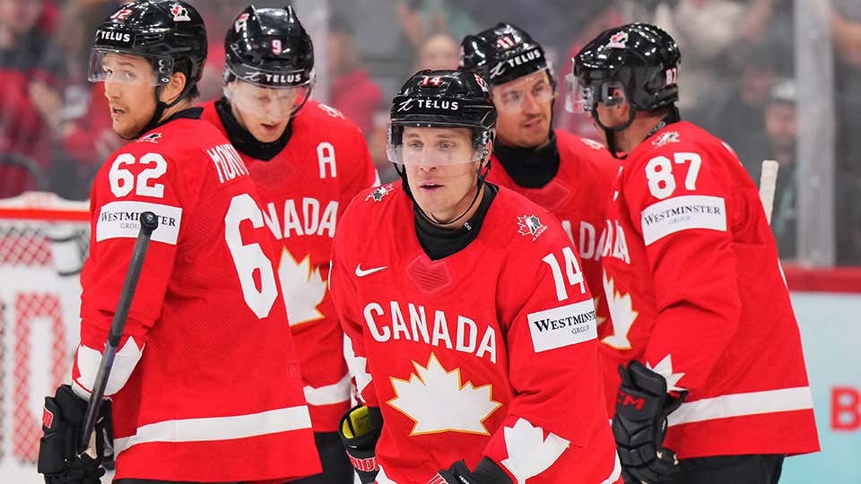 Jordan Binnington makes a save against France.