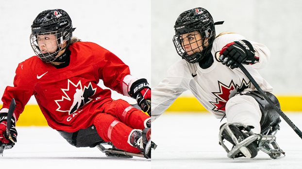 Alanna Mah et Raphaëlle Tousignant lors d’un entraînement au camp de sélection de l’équipe nationale de parahockey du Canada à Calgary.