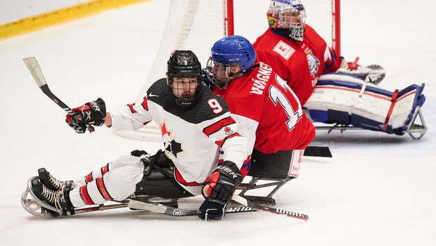 Corbyn Smith looks down the ice during the semifinals of the IPH Cup.