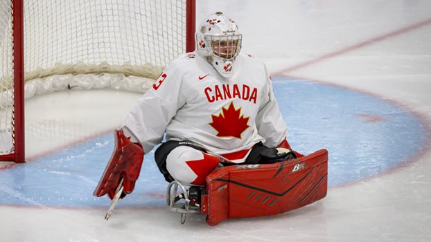 Mitchell Garrett guards the net against Czechia at the Para Hockey Cup.