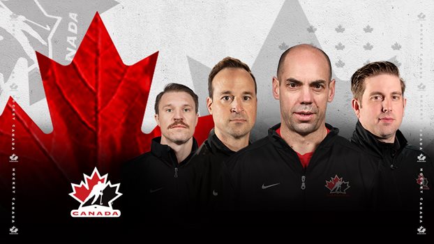 Alan Letang, Kris Mallette, Sylvain Favreau and Justin Pogge beside a red Maple Leaf. 