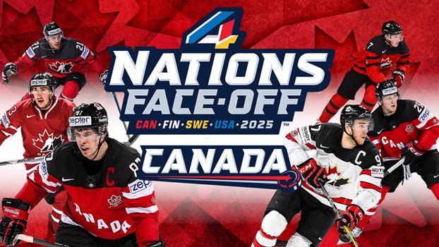 Sidney Crosby, Brad Marchand, Brayden Point, Connor McDavid, Nathan MacKinnon and Cale Makar surrounding the 4 Nations Face-Off logo with Canada written below.
