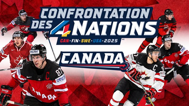 Sidney Crosby, Brad Marchand, Brayden Point, Connor McDavid, Nathan MacKinnon and Cale Makar surrounding the 4 Nations Face-Off logo with Canada written below.