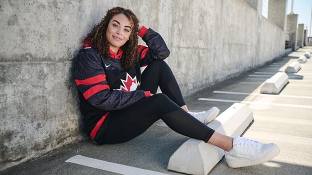 Sarah Nurse poses during an EA Sports cover shoot for NHL 23.
