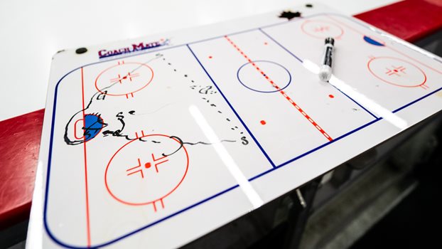 A coaching whiteboard rests on top of the boards.